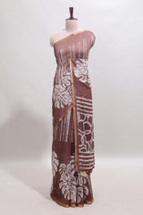 Brown striped & leaf design linen cotton saree with self zari border and contrast blouse
