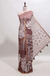 Brown striped & leaf design linen cotton saree with self zari border and contrast blouse