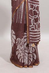 Brown striped & leaf design linen cotton saree with self zari border and contrast blouse