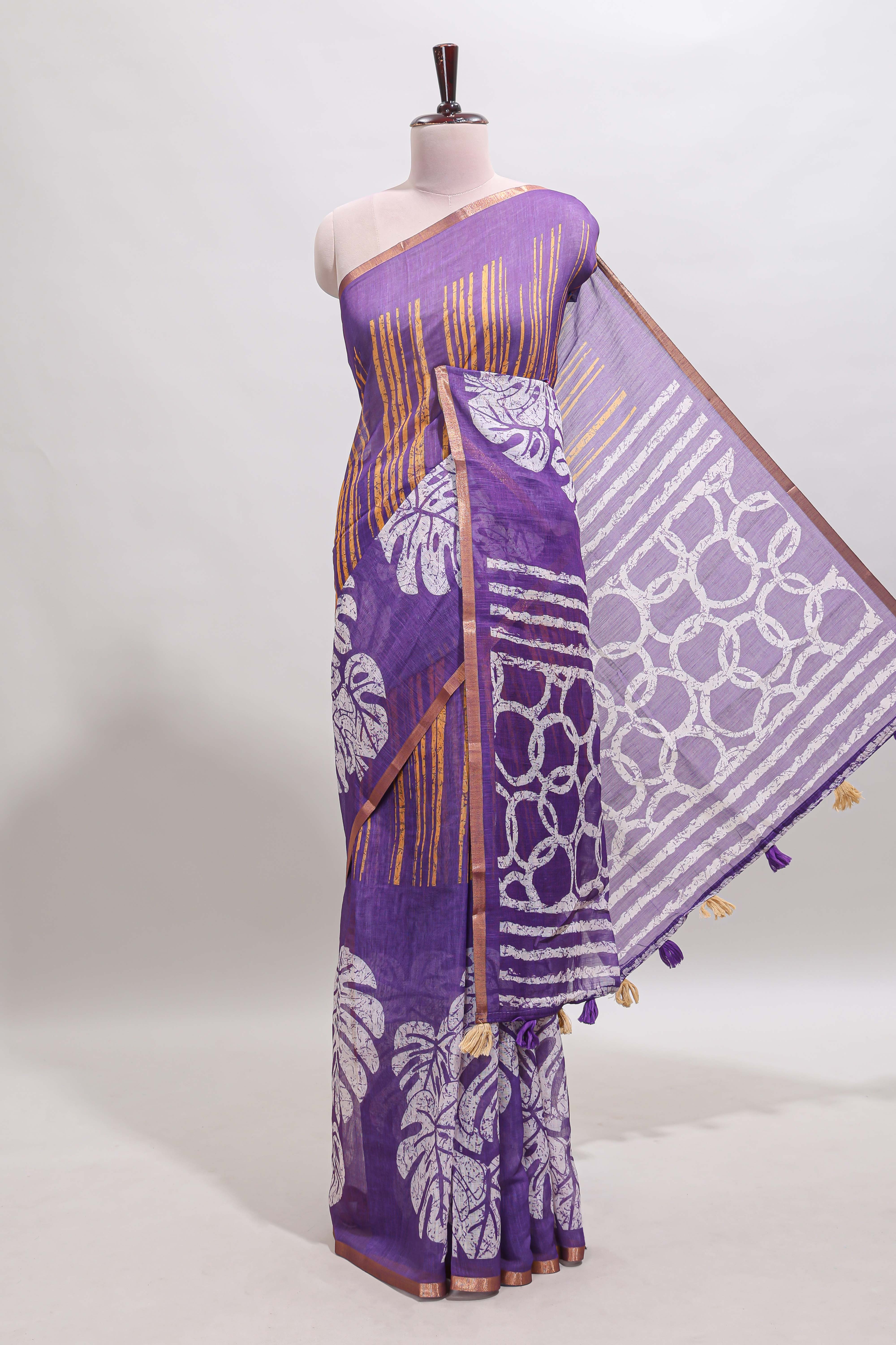 Violet striped & leaf design linen cotton saree with self zari border and contrast blouse