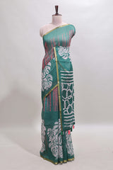 Green striped & leaf design linen cotton saree with self zari border and contrast blouse