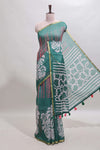Green striped & leaf design linen cotton saree with self zari border and contrast blouse