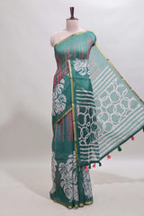 Green striped & leaf design linen cotton saree with self zari border and contrast blouse