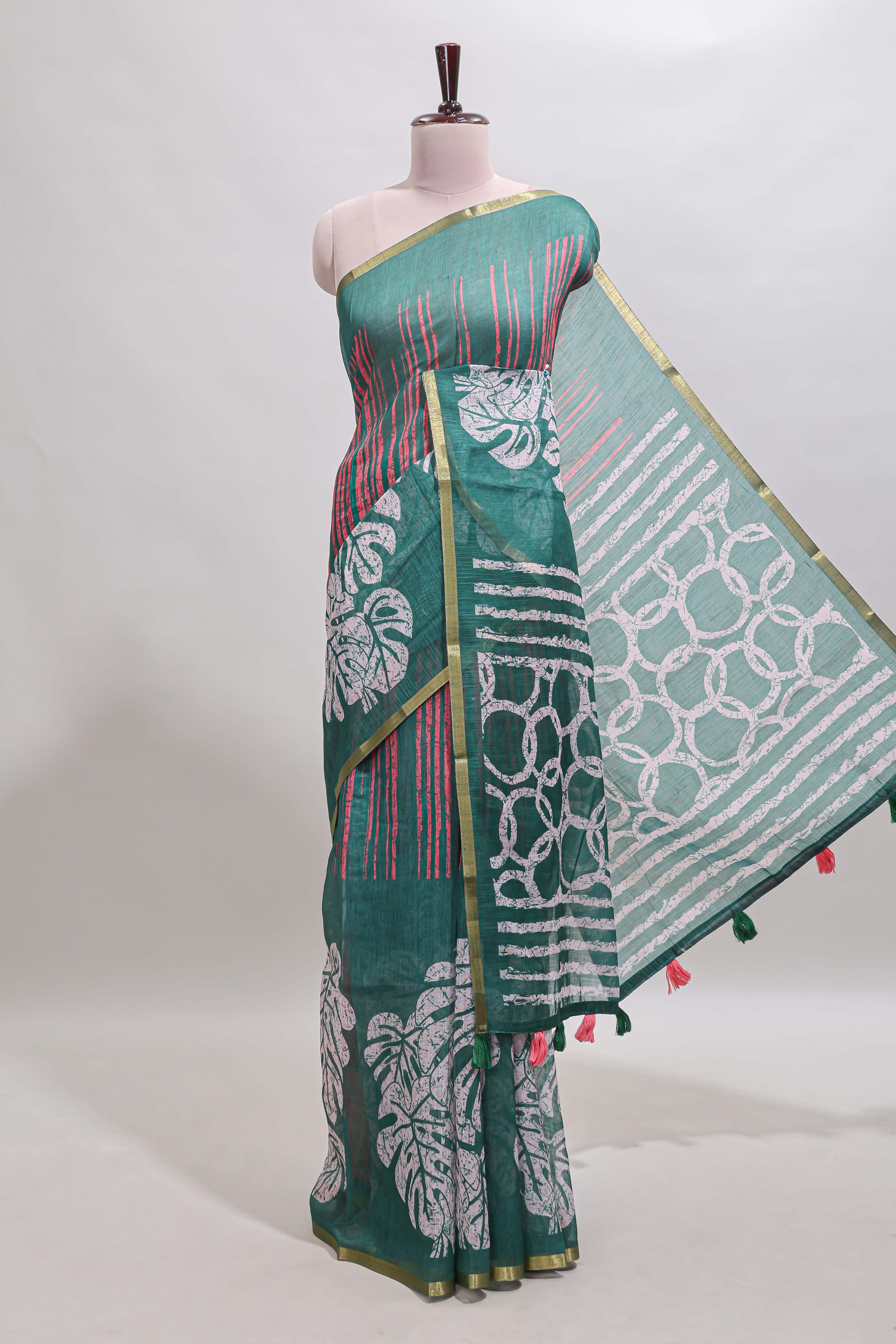 Green striped & leaf design linen cotton saree with self zari border and contrast blouse