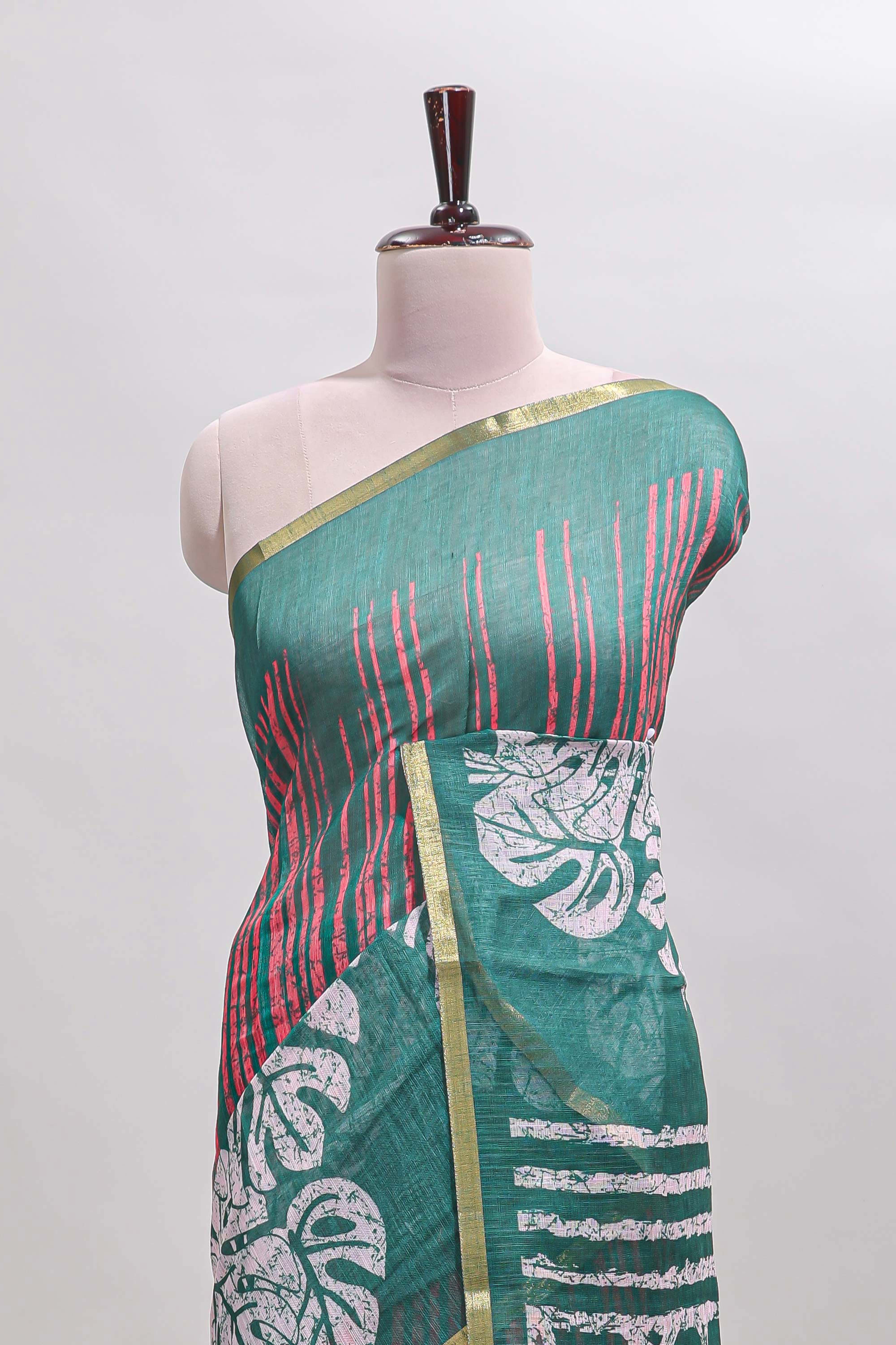Green striped & leaf design linen cotton saree with self zari border and contrast blouse