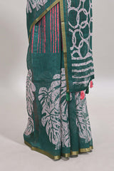 Green striped & leaf design linen cotton saree with self zari border and contrast blouse