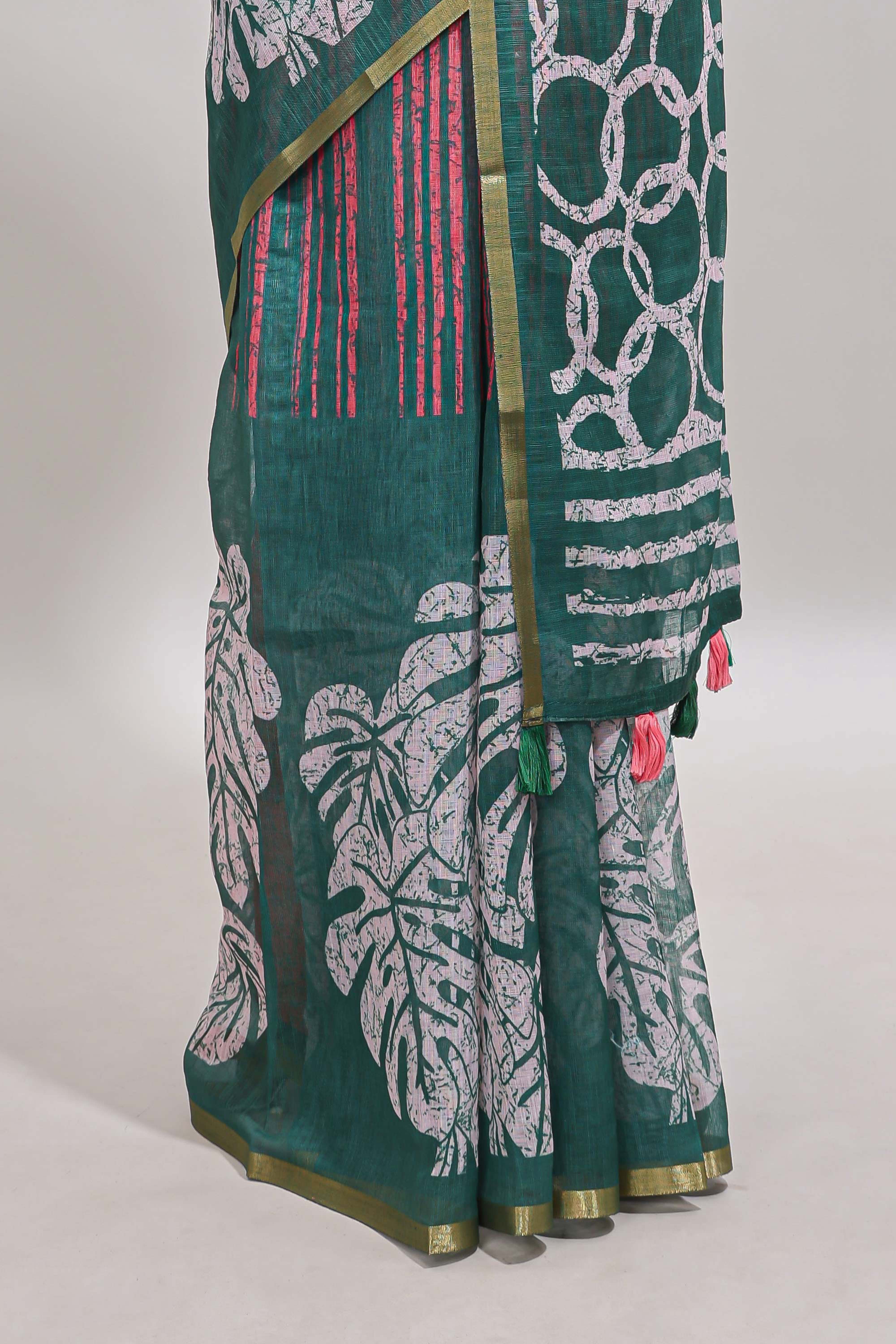 Green striped & leaf design linen cotton saree with self zari border and contrast blouse