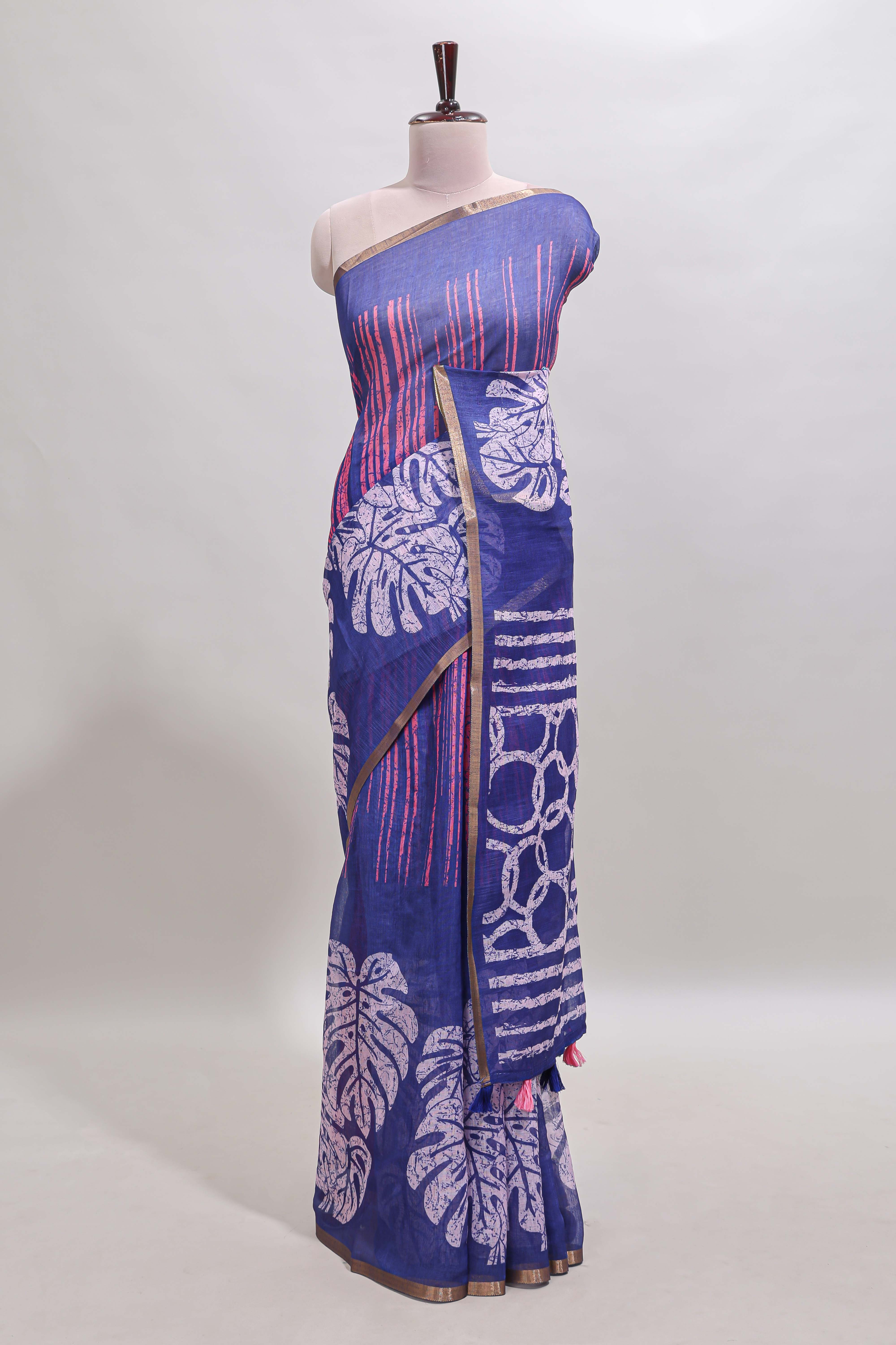 Blue striped & leaf design linen cotton saree with self zari border and contrast blouse