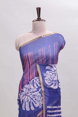 Blue striped & leaf design linen cotton saree with self zari border and contrast blouse