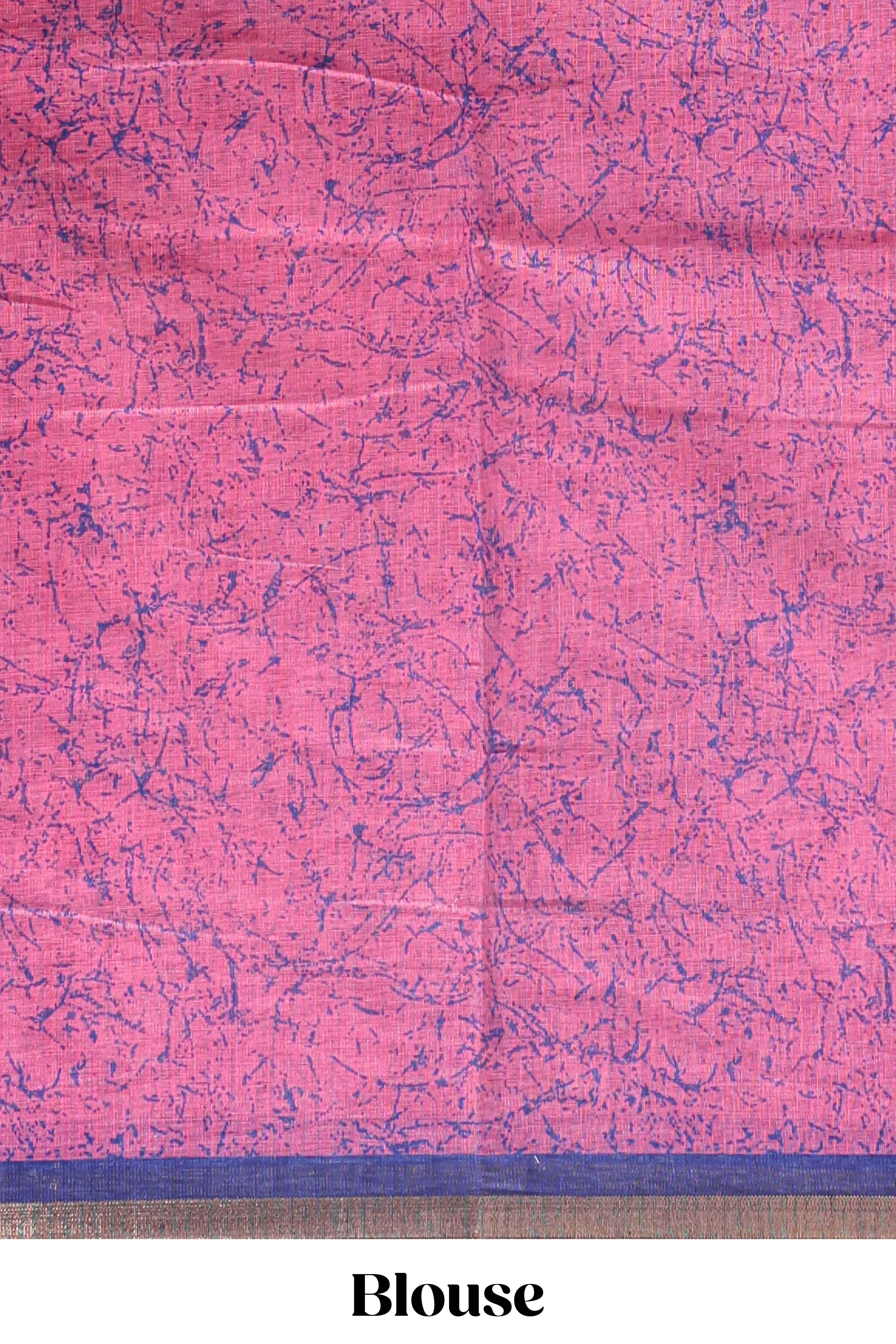 Blue striped & leaf design linen cotton saree with self zari border and contrast blouse