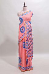 Orange nazar print motifs design linen cotton saree with self zari border and contrast blouse