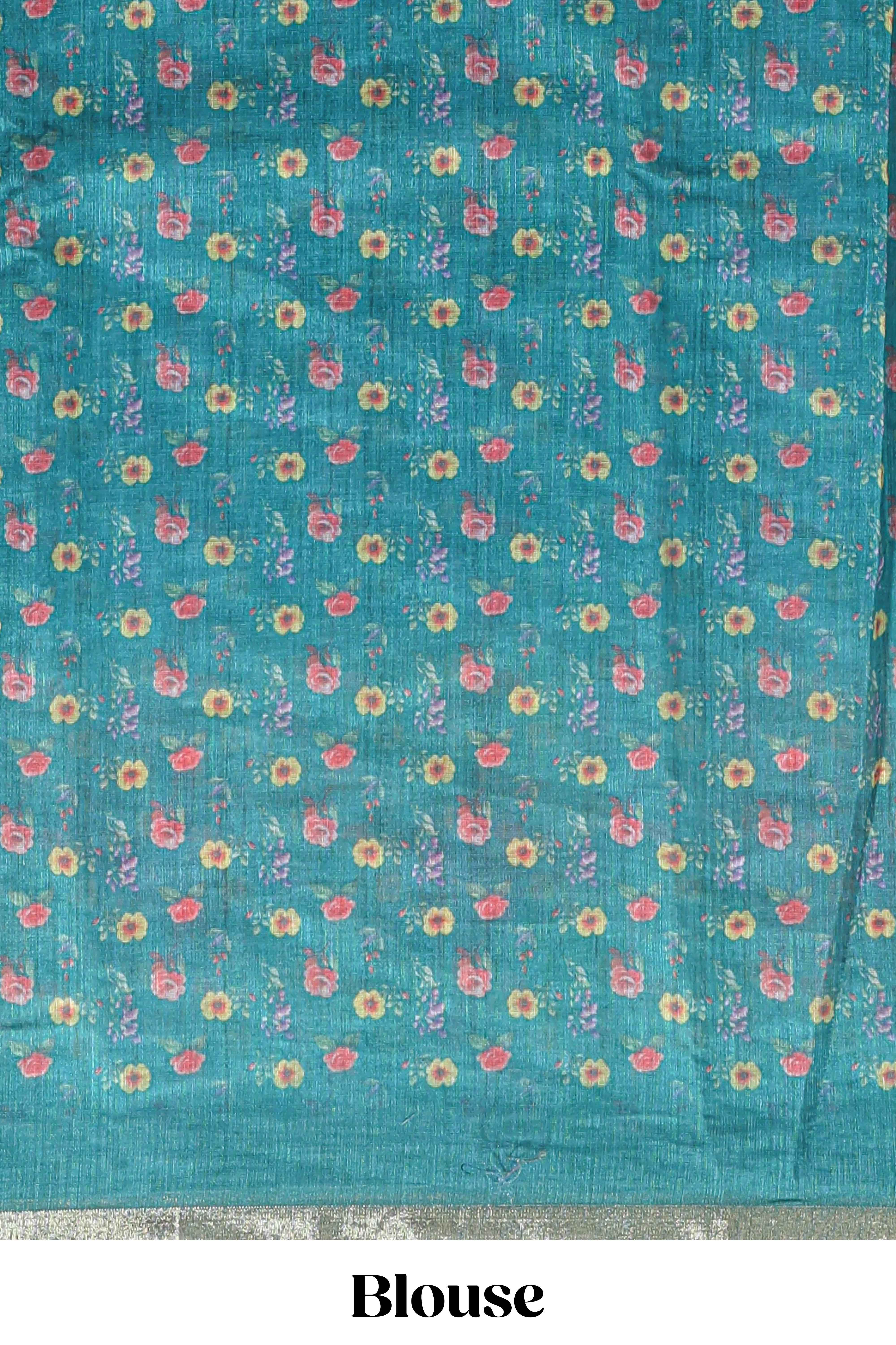 Green checked bottom floral design linen cotton saree with self zari border and matching blouse