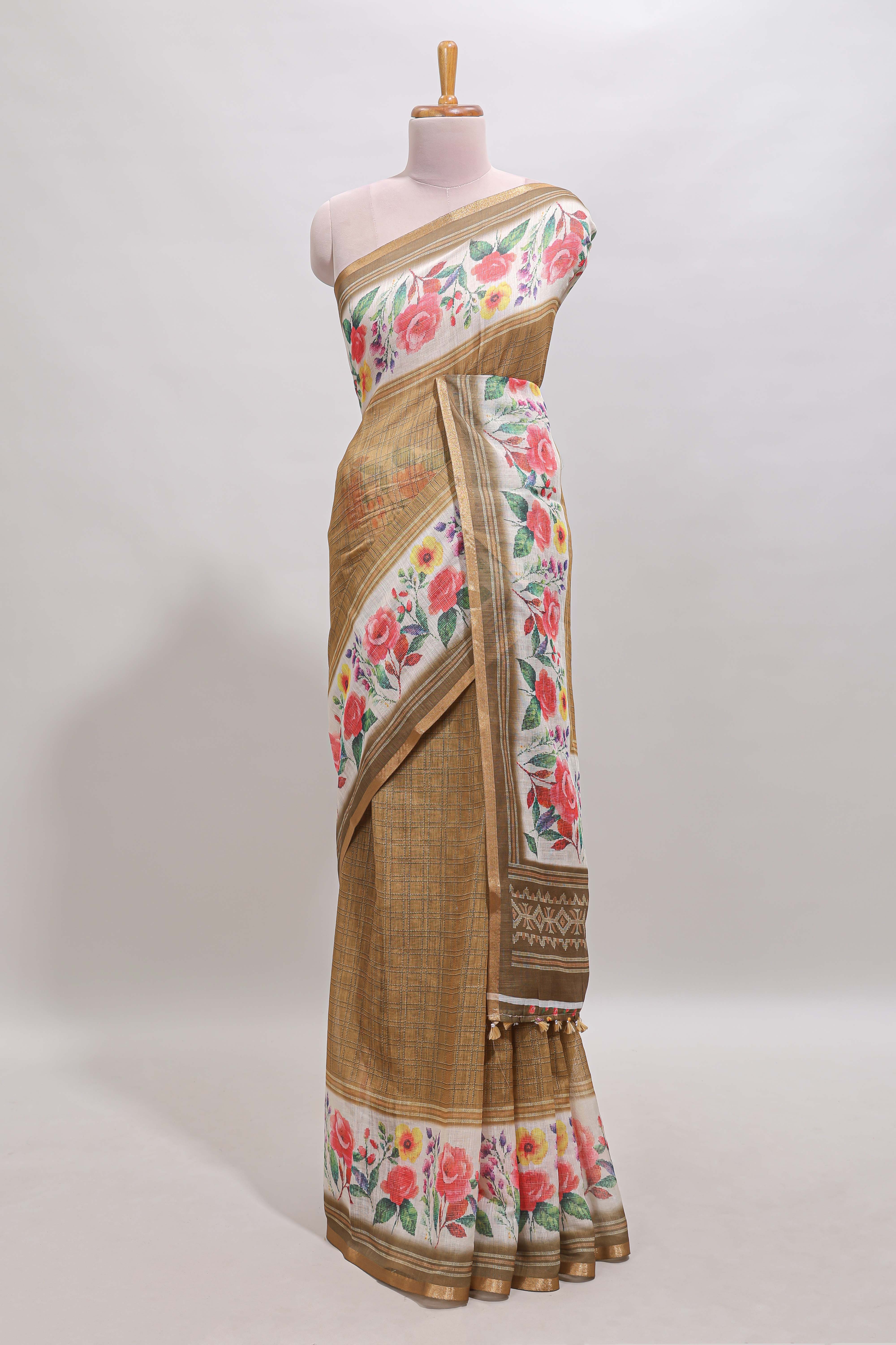 Mustard checked bottom floral design linen cotton saree with self zari border and matching blouse