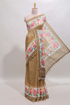 Mustard checked bottom floral design linen cotton saree with self zari border and matching blouse