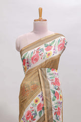 Mustard checked bottom floral design linen cotton saree with self zari border and matching blouse