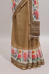 Mustard checked bottom floral design linen cotton saree with self zari border and matching blouse