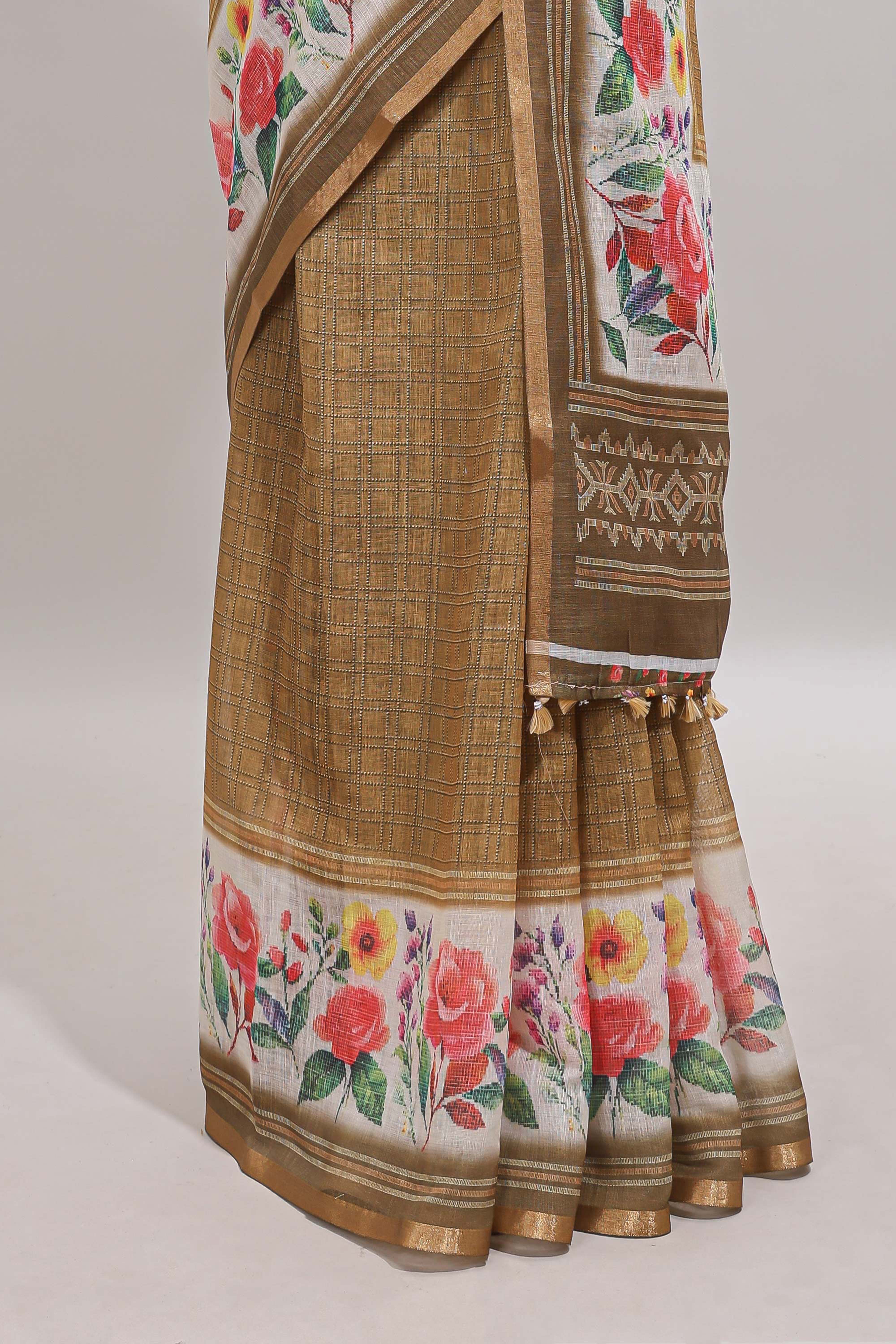 Mustard checked bottom floral design linen cotton saree with self zari border and matching blouse