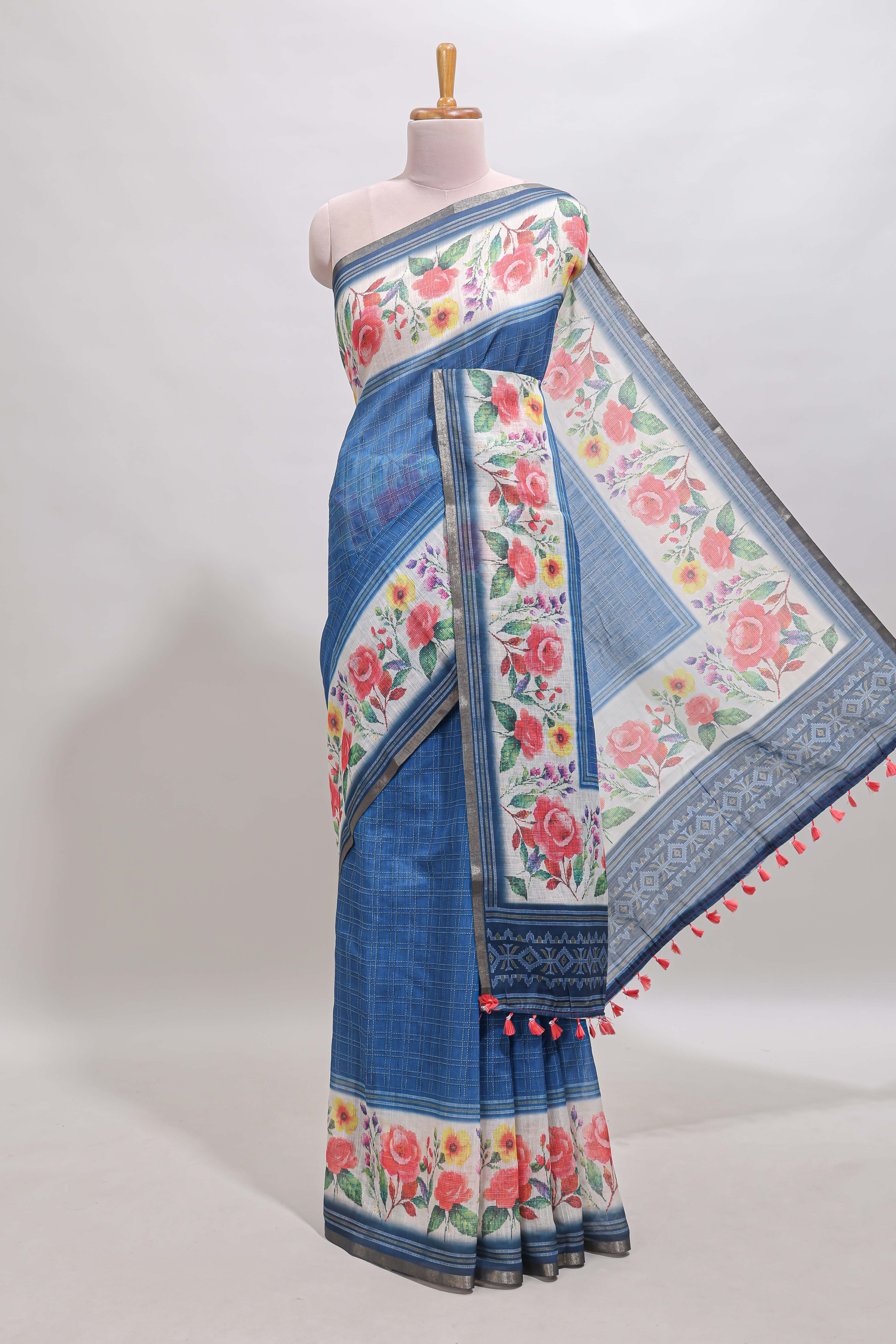 Blue checked bottom floral design linen cotton saree with self zari border and matching blouse