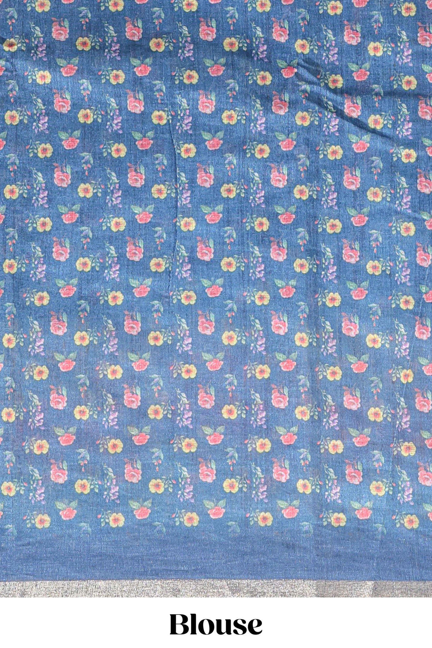 Blue checked bottom floral design linen cotton saree with self zari border and matching blouse