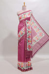 Pink checked bottom floral design linen cotton saree with self zari border and matching blouse