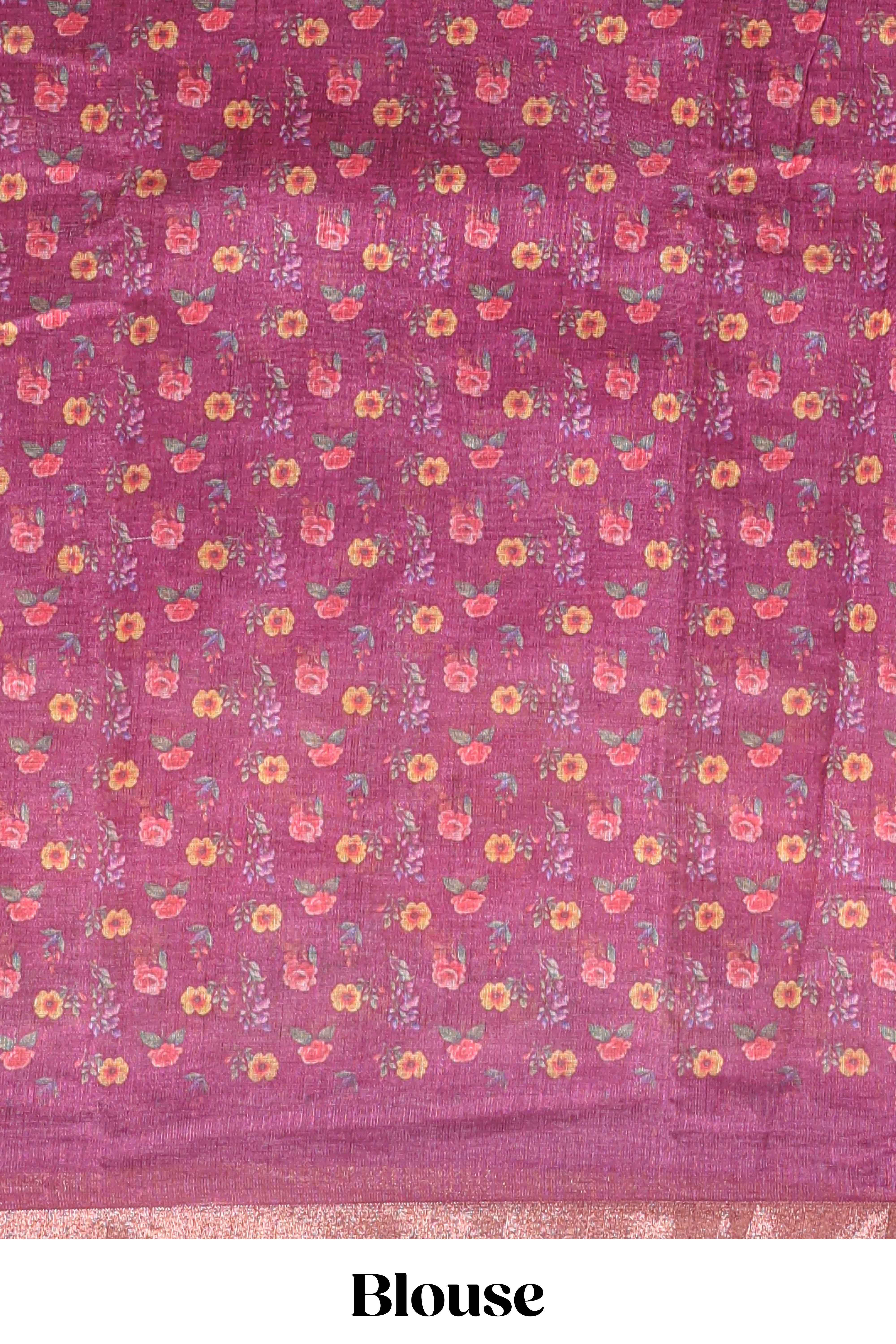 Pink checked bottom floral design linen cotton saree with self zari border and matching blouse