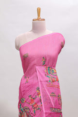 Borderless pink kalamkari style pattachitra art design linen cotton saree with matching blouse