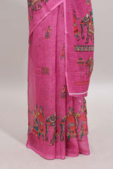 Borderless pink kalamkari style pattachitra art design linen cotton saree with matching blouse