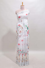 White floral & cow design linen cotton saree with self silver zari border and matching blouse