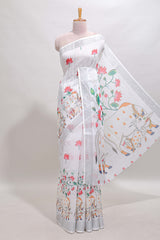 White floral & cow design linen cotton saree with self silver zari border and matching blouse