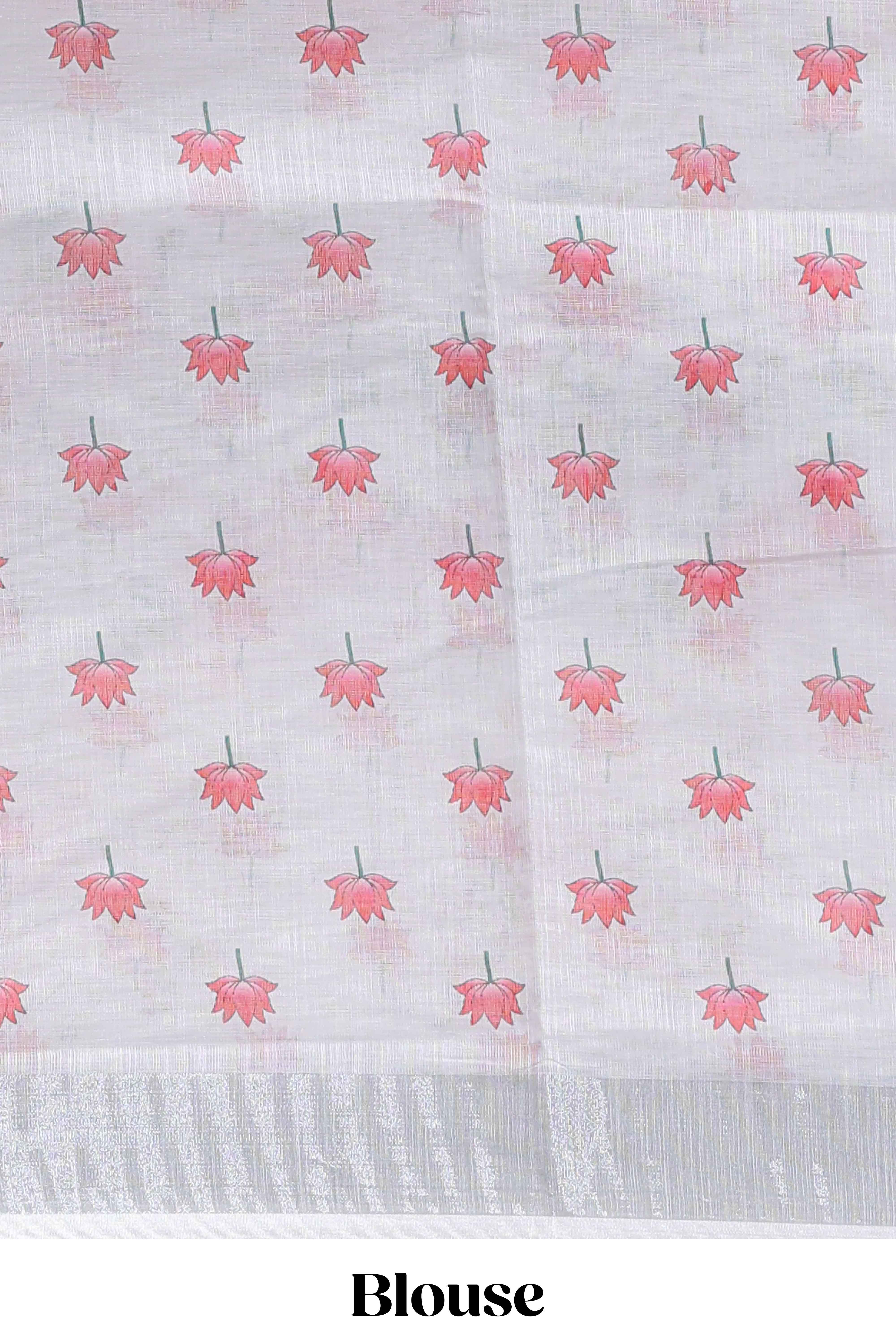 White floral & cow design linen cotton saree with self silver zari border and matching blouse