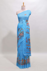 Borderless blue kalamkari style pattachitra art design linen cotton saree with matching blouse
