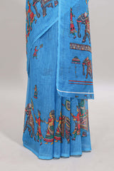Borderless blue kalamkari style pattachitra art design linen cotton saree with matching blouse