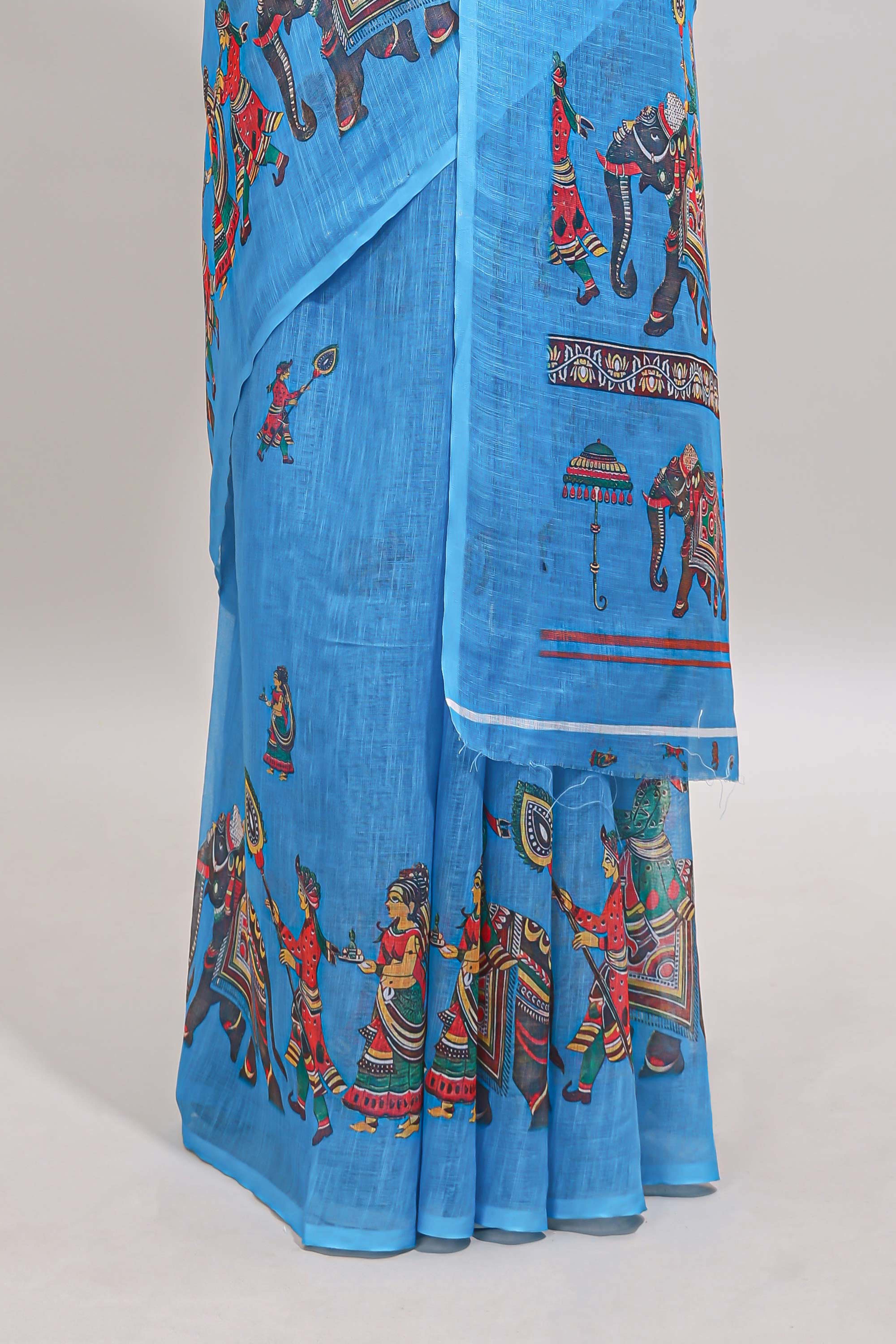 Borderless blue kalamkari style pattachitra art design linen cotton saree with matching blouse