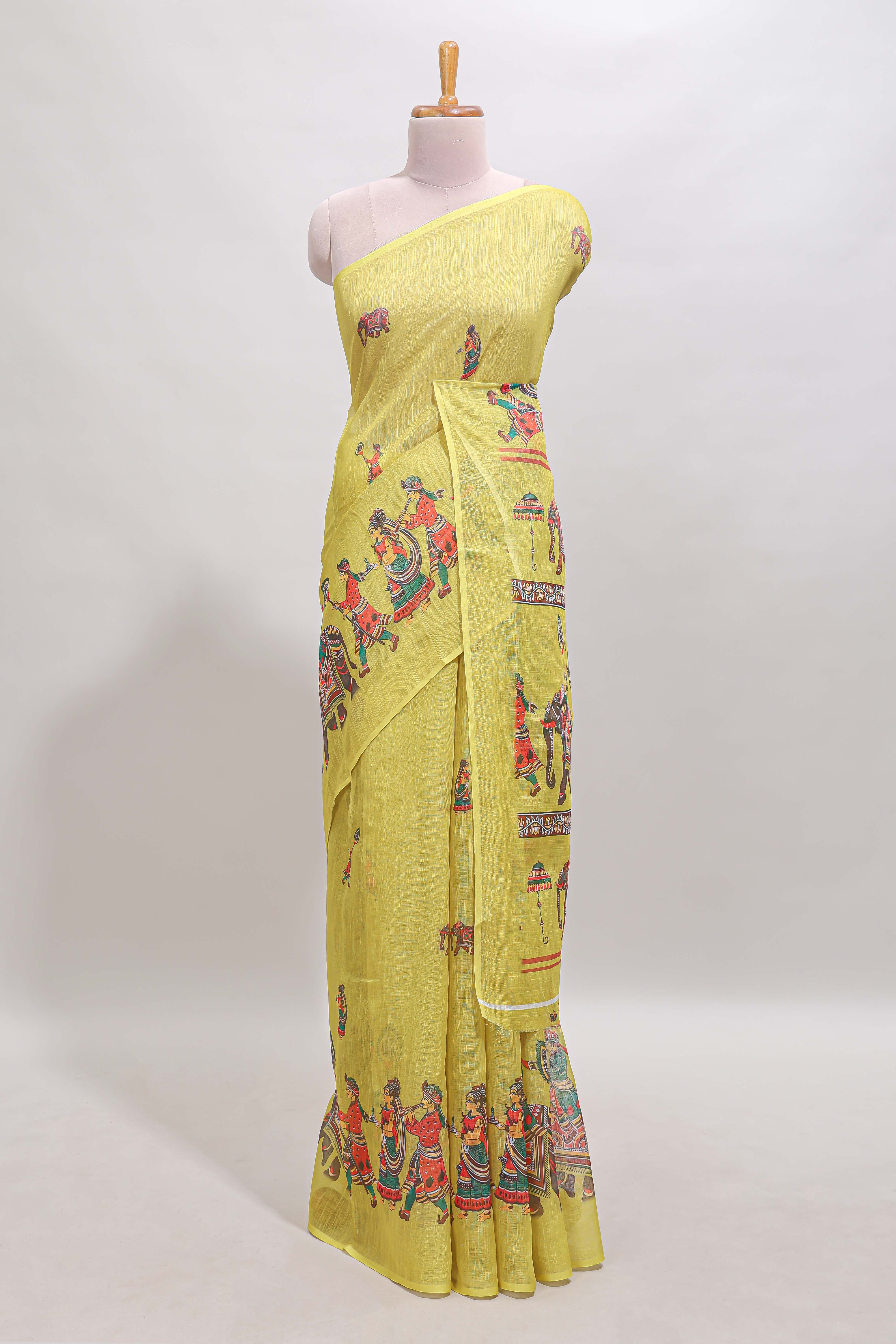 Borderless yellow kalamkari style pattachitra art design linen cotton saree with matching blouse
