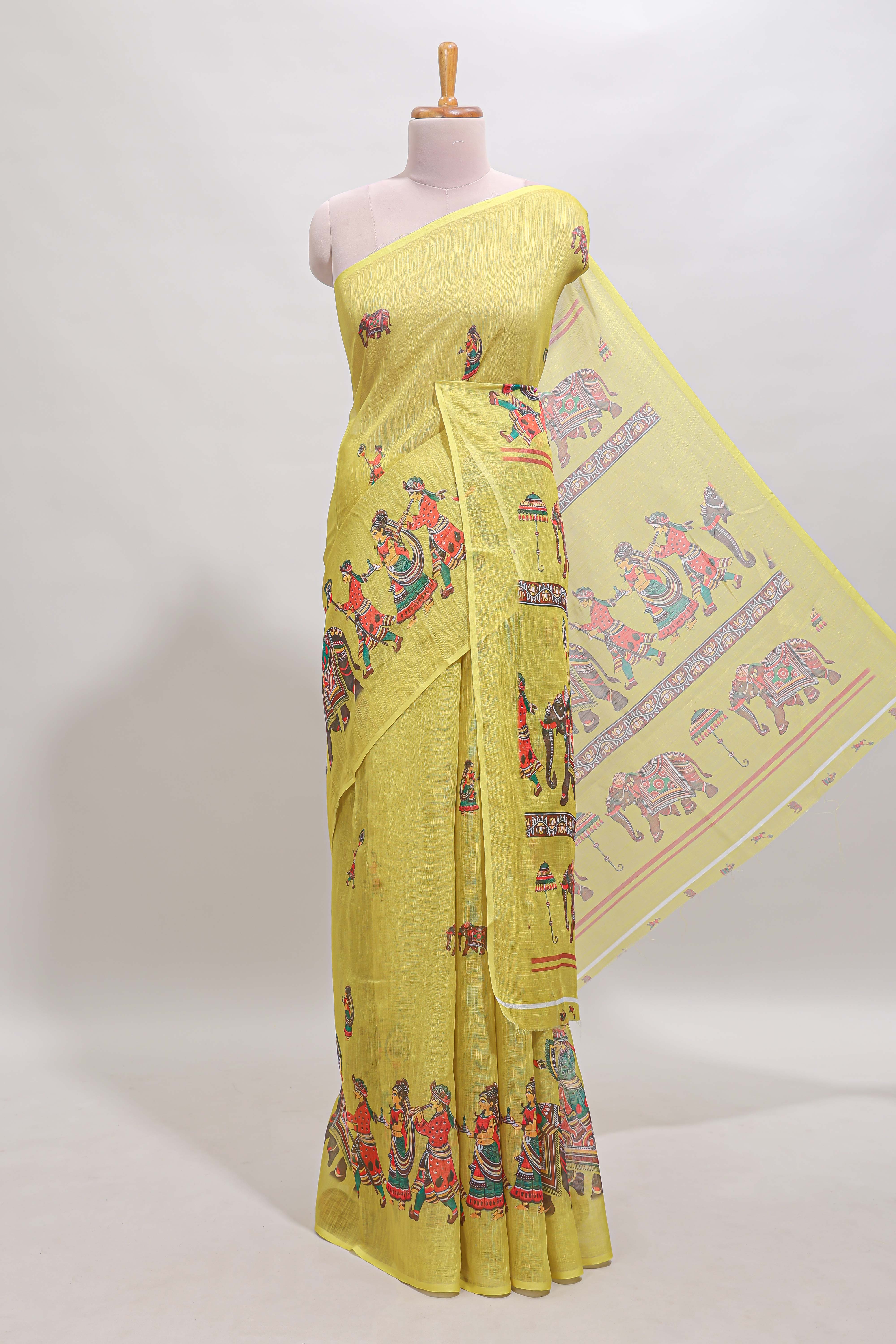 Borderless yellow kalamkari style pattachitra art design linen cotton saree with matching blouse