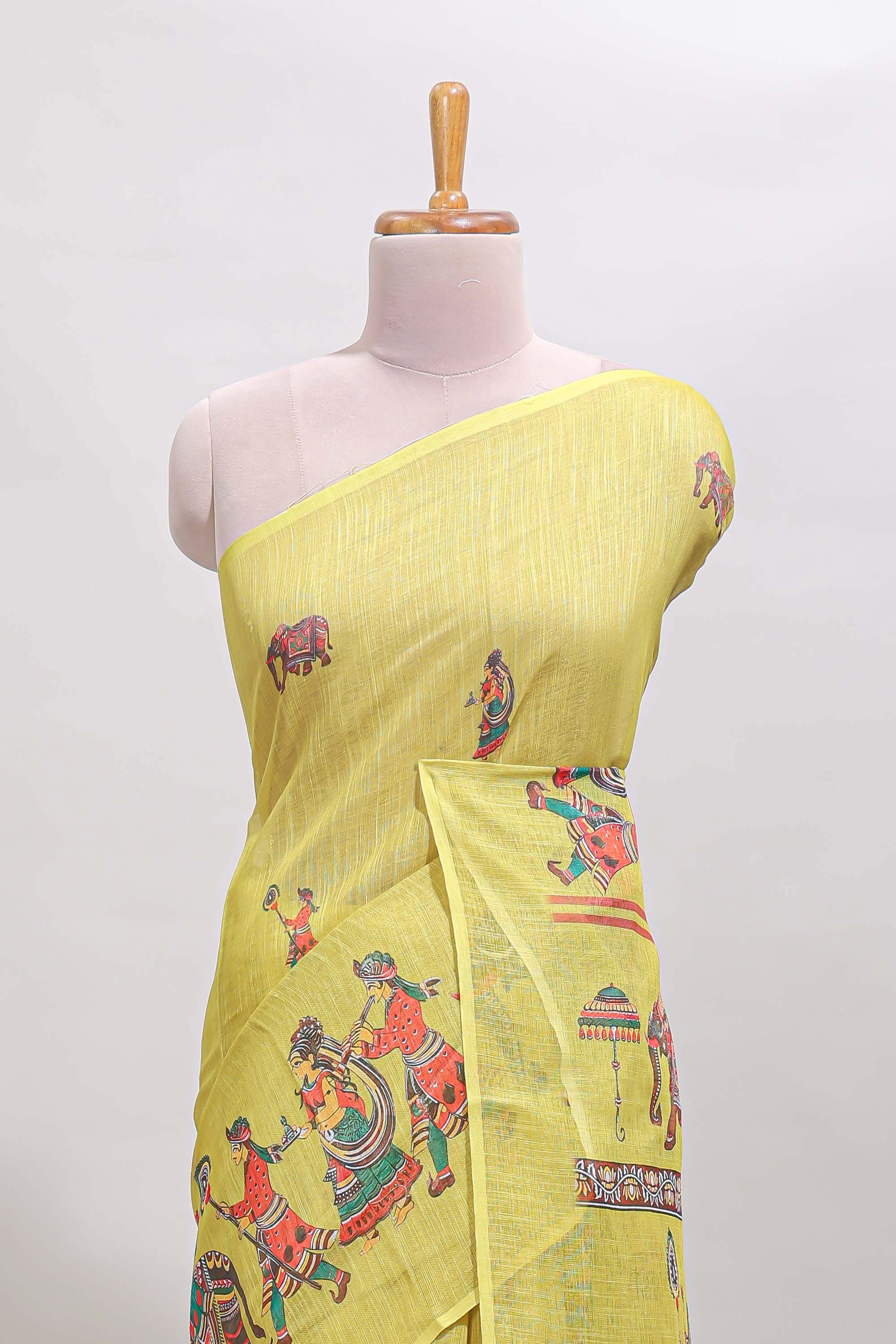 Borderless yellow kalamkari style pattachitra art design linen cotton saree with matching blouse