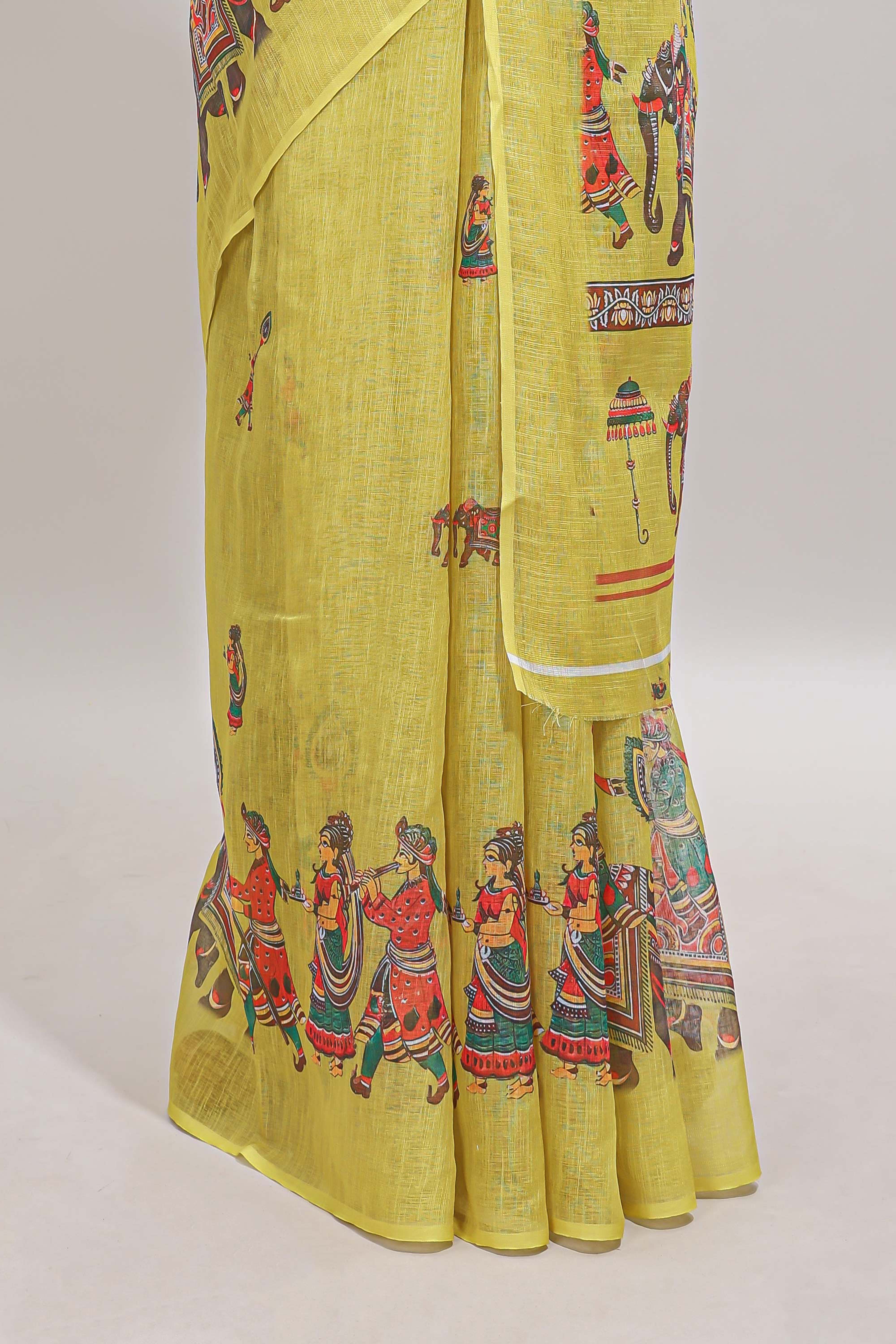 Borderless yellow kalamkari style pattachitra art design linen cotton saree with matching blouse