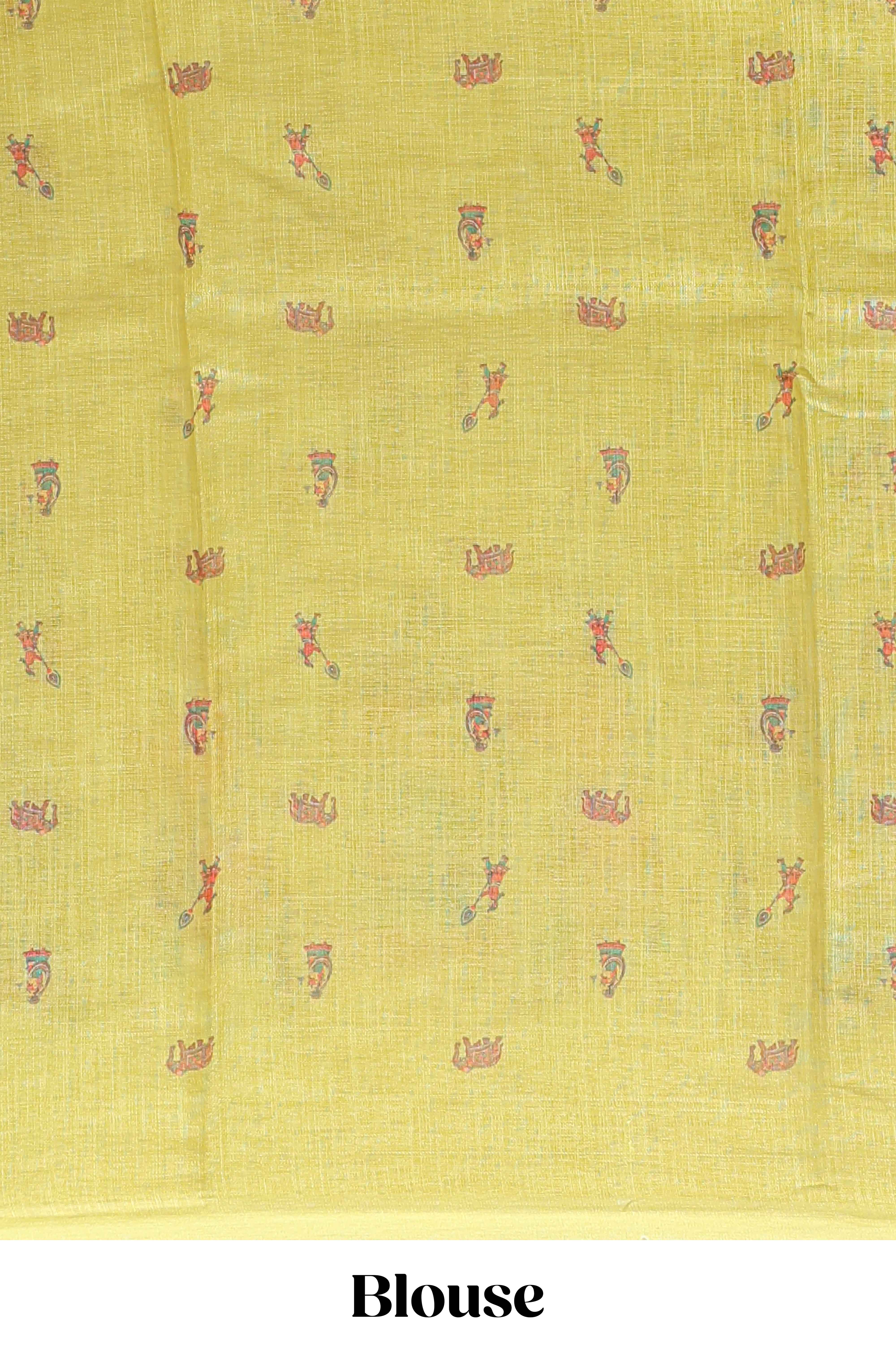 Borderless yellow kalamkari style pattachitra art design linen cotton saree with matching blouse