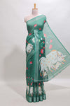 Green floral & cow design linen cotton saree with self silver zari border and matching blouse
