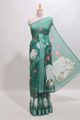Green floral & cow design linen cotton saree with self silver zari border and matching blouse