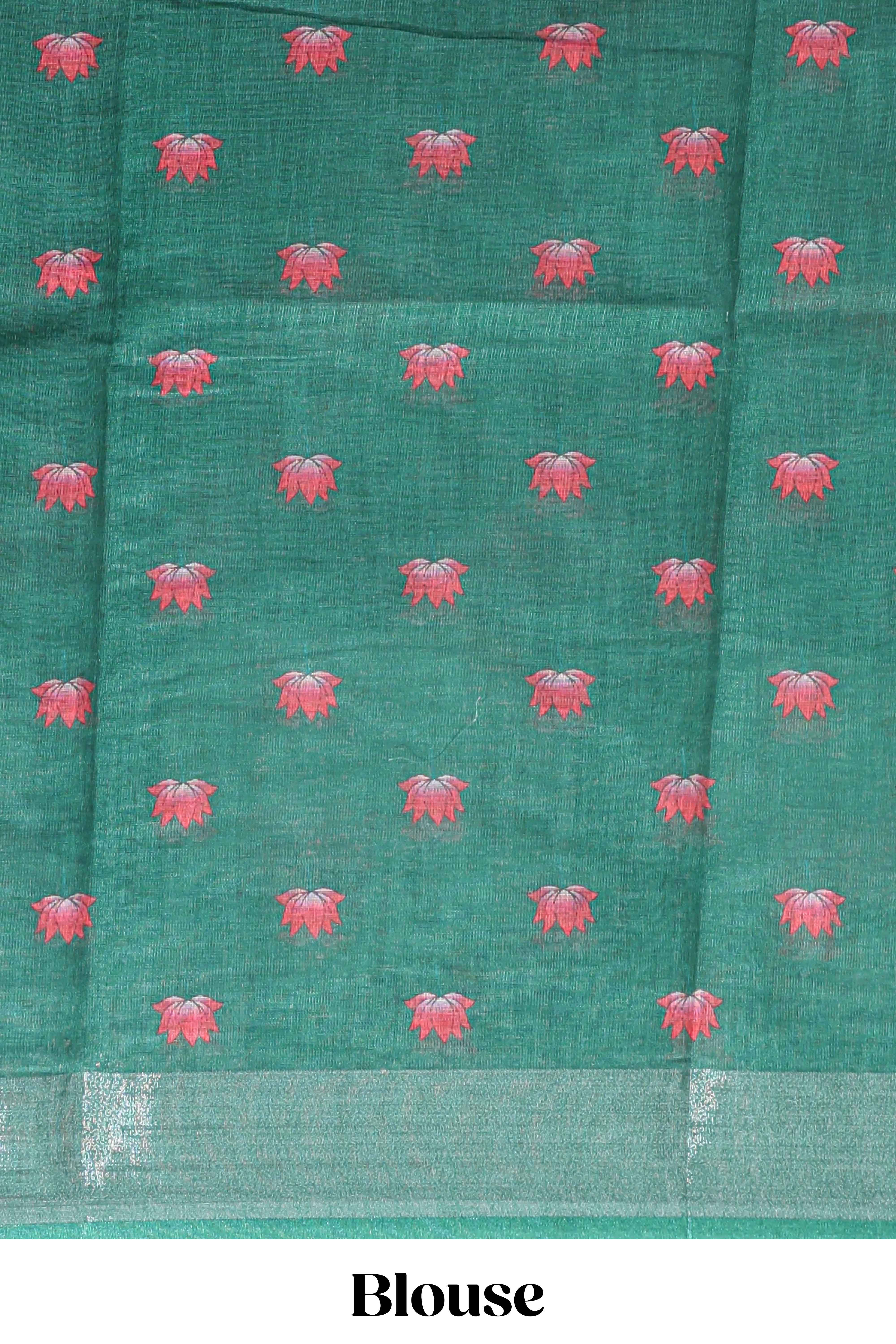 Green floral & cow design linen cotton saree with self silver zari border and matching blouse