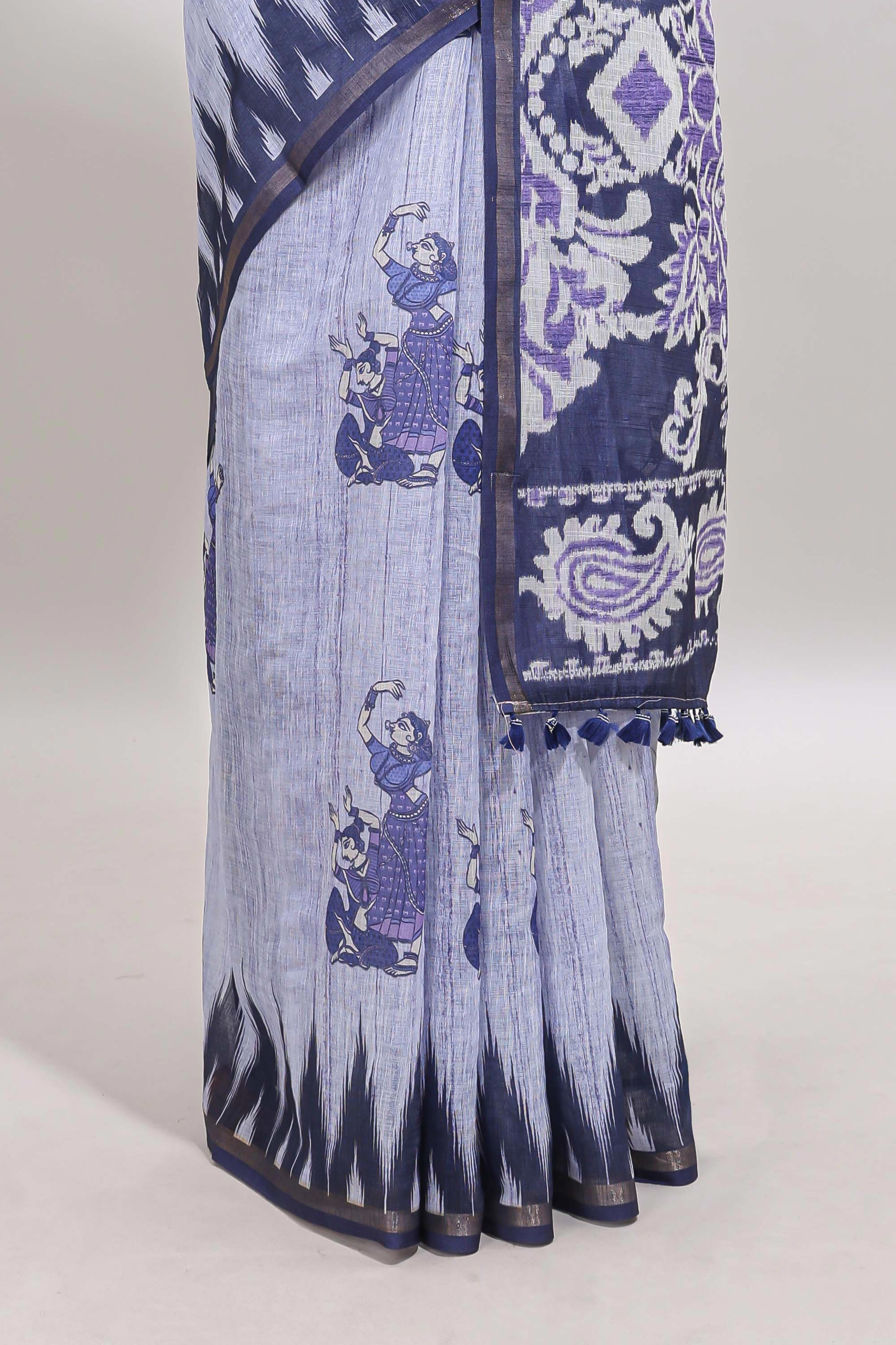 Lavender tribal dance dance motifs linen cotton saree with contrast ikkat border and printed pallu