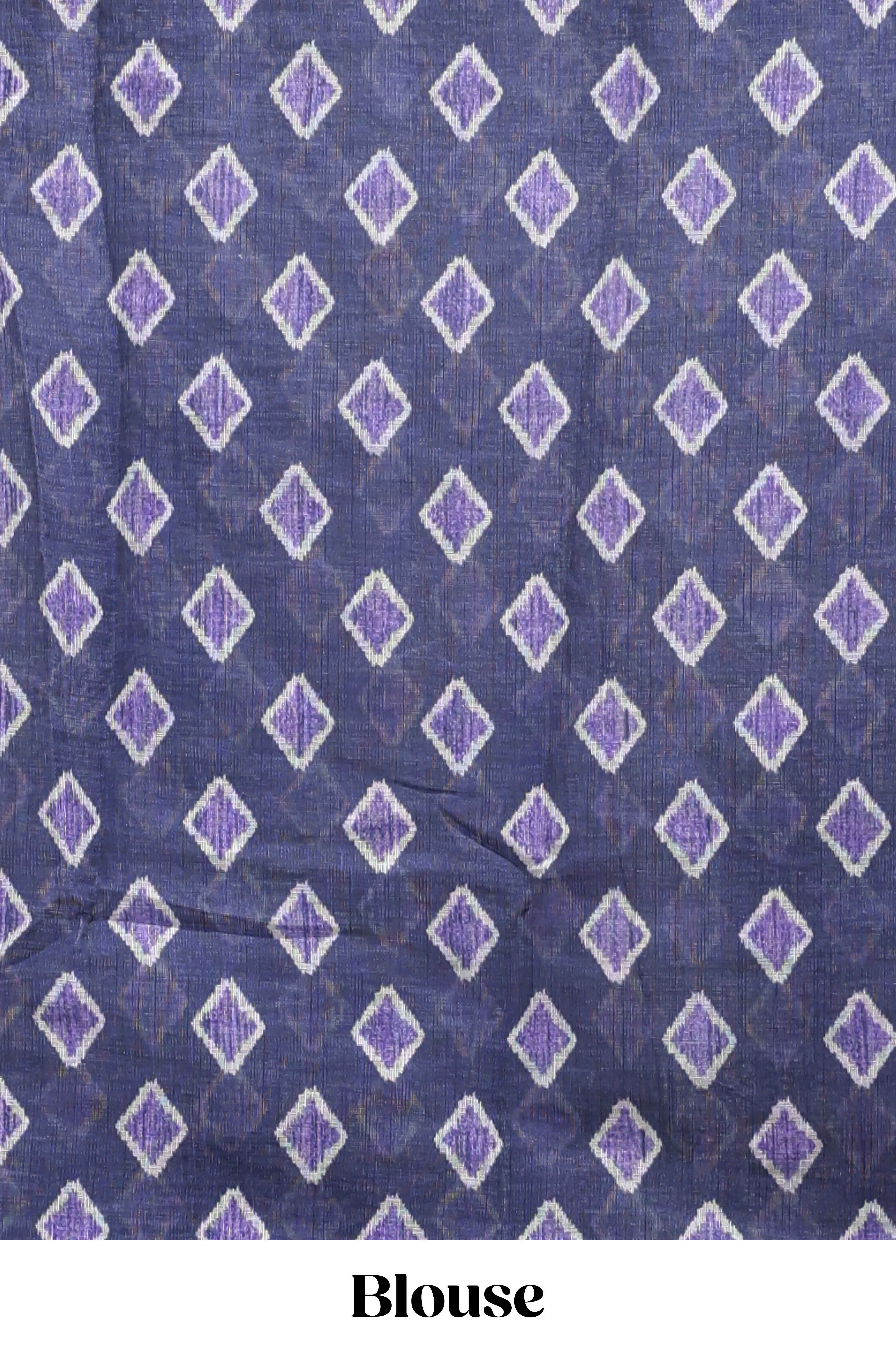 Lavender tribal dance dance motifs linen cotton saree with contrast ikkat border and printed pallu