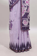 Purple tribal dance dance motifs linen cotton saree with contrast ikkat border and printed pallu