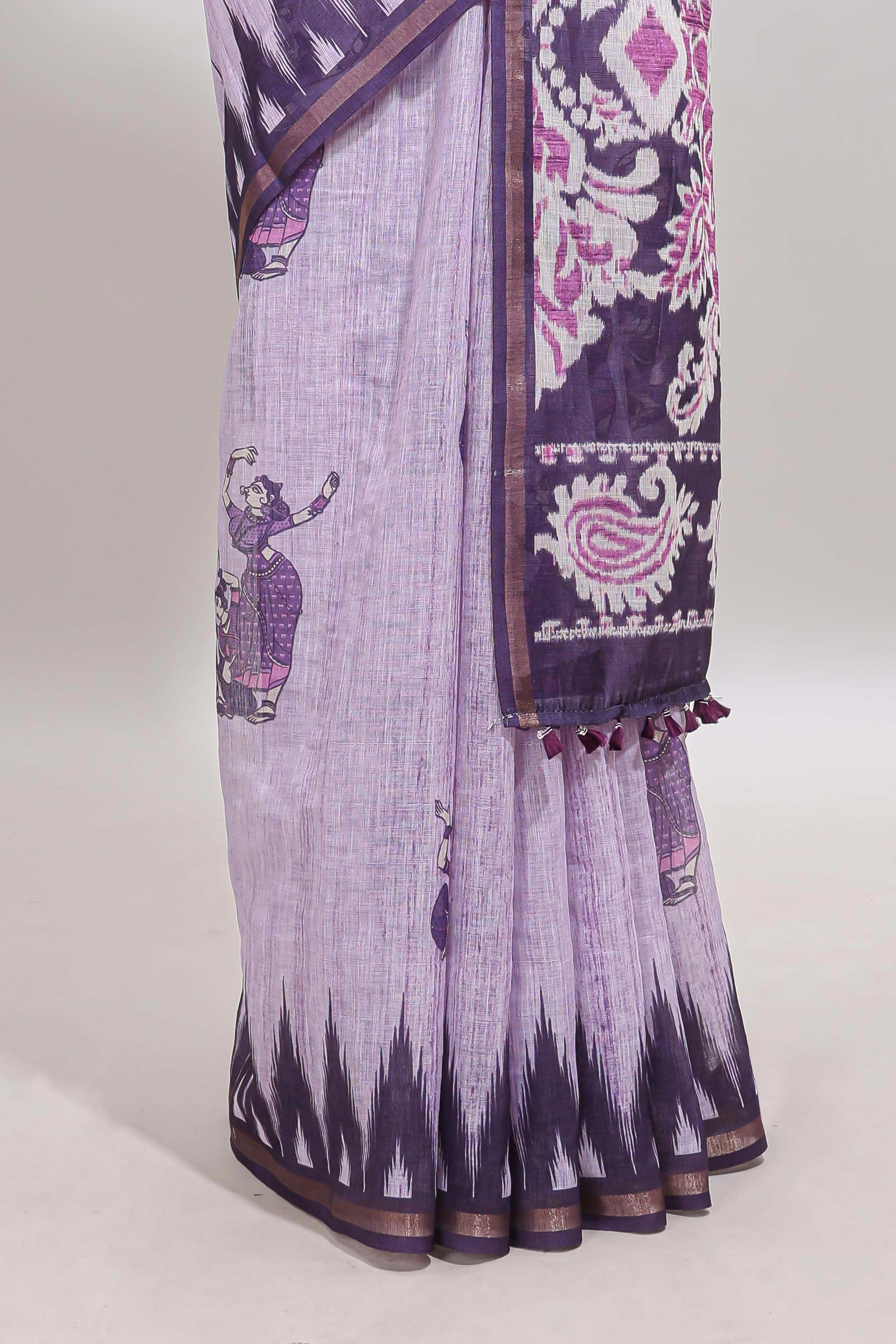 Purple tribal dance dance motifs linen cotton saree with contrast ikkat border and printed pallu