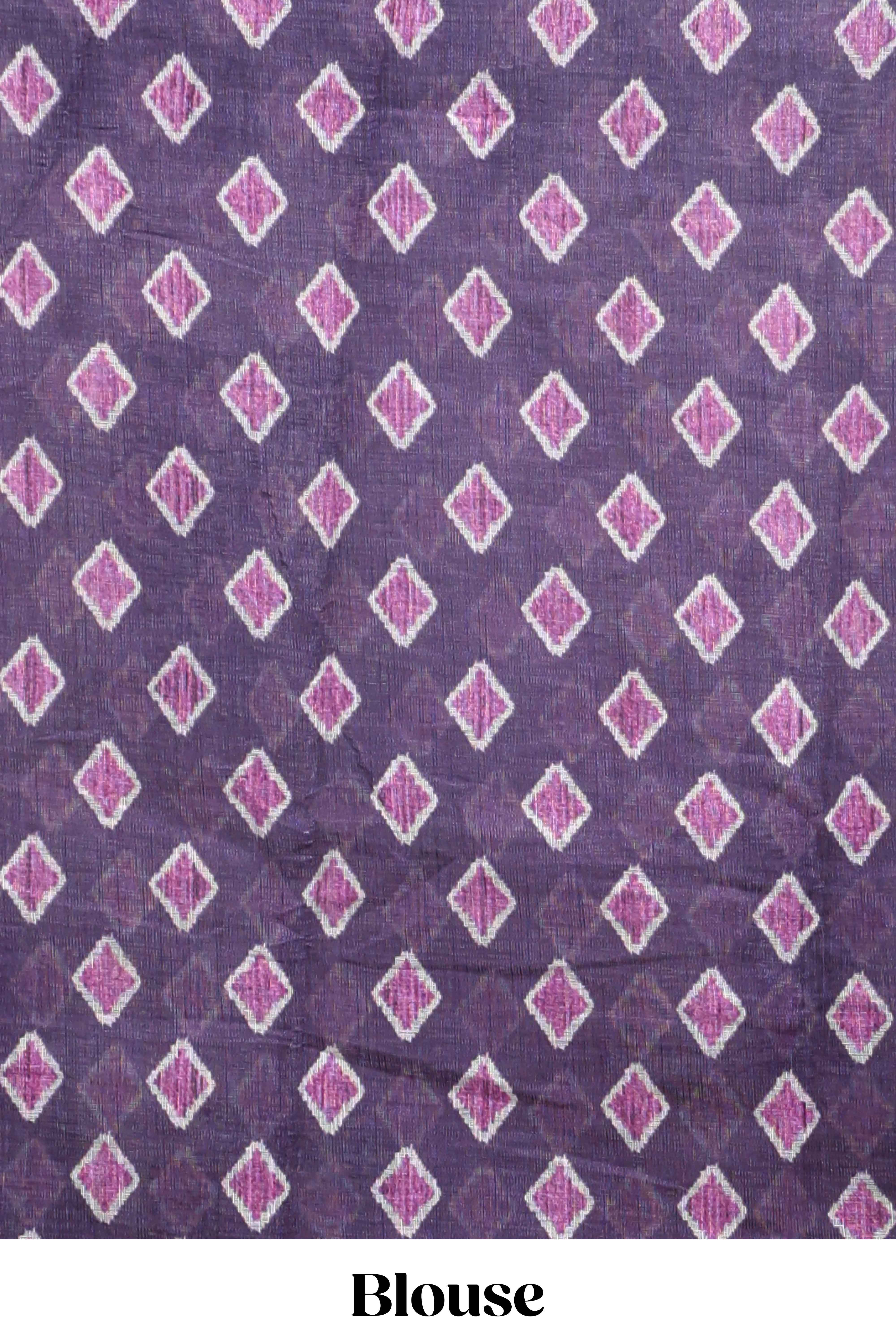 Purple tribal dance dance motifs linen cotton saree with contrast ikkat border and printed pallu