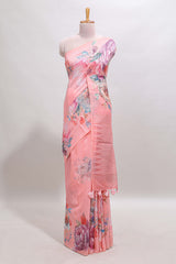 Borderless pink floral design linen cotton saree with matching blouse