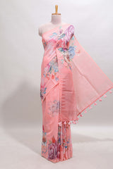 Borderless pink floral design linen cotton saree with matching blouse
