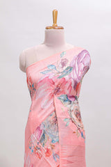 Borderless pink floral design linen cotton saree with matching blouse