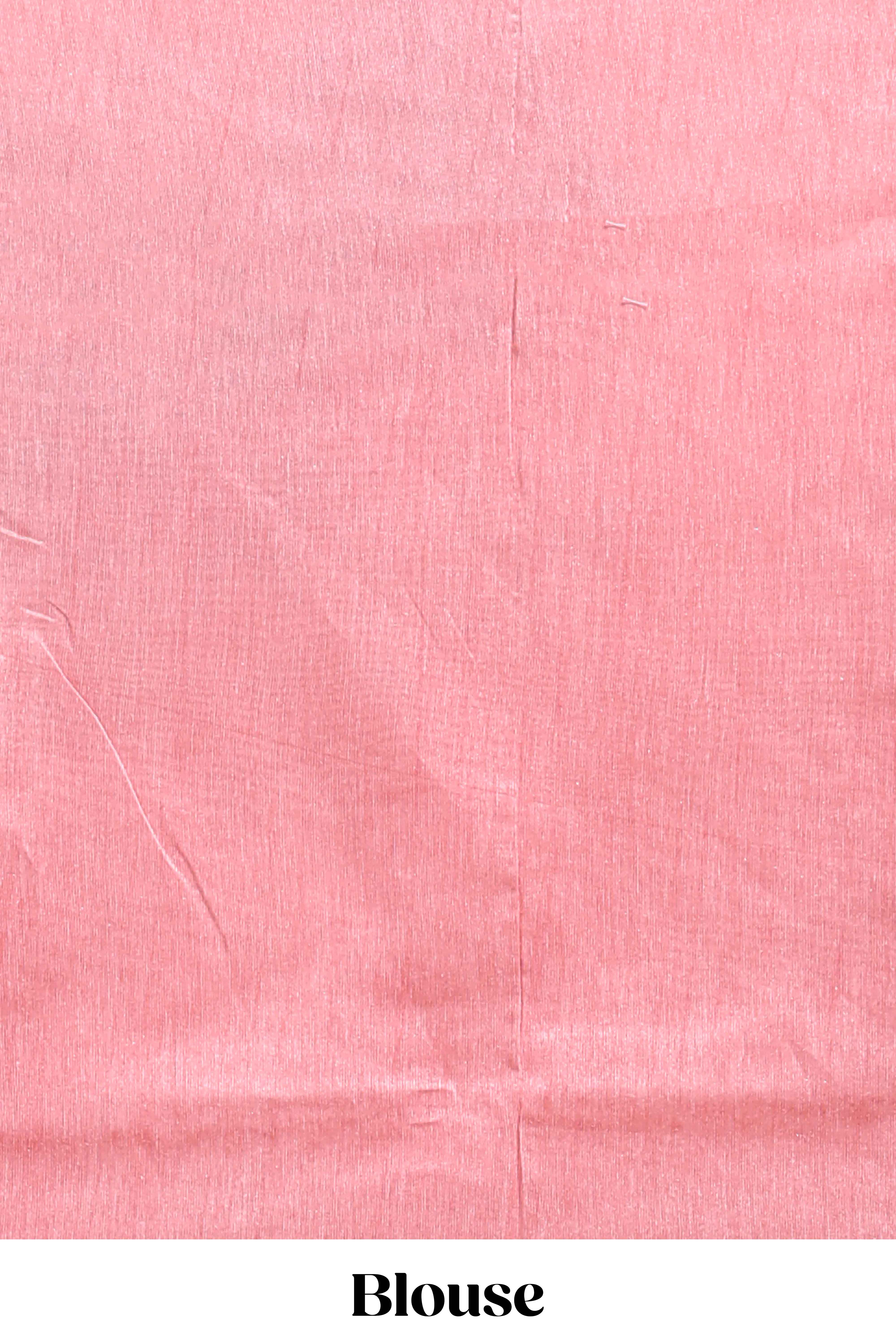 Borderless pink floral design linen cotton saree with matching blouse